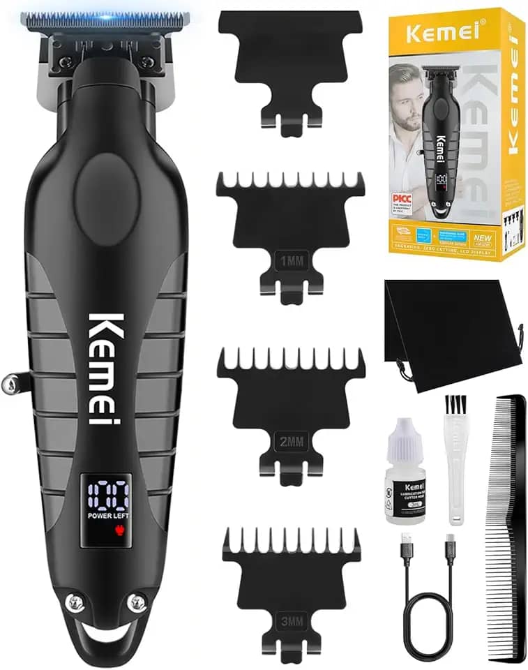 KEMEI Aparador de cabelo profissional sem fio para homens, aparador de barba elétrico, kit de cortes de cabelo de barbeiro, aparadores de lâmina em T com abertura zero com visor LCD, KM-2293, preto