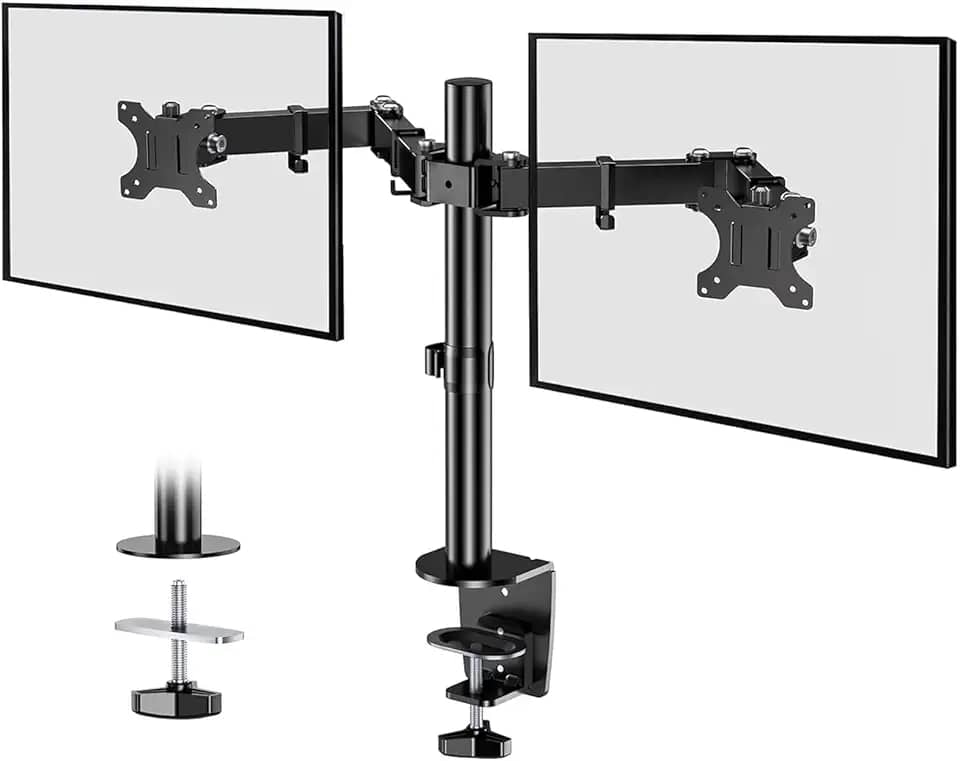 BAZIK Suporte Articulado para Monitor – Braço Articulado Ajustável para Monitores de 13-32' com Peso Máximo de 10kg em Cada Braço, Suporte para Monitor Duplo com Gerenciamento de Cabos – Preto