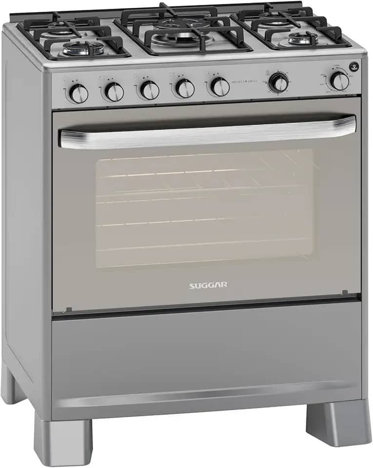 SUGGAR FOGÃO SELECT GRILL PRATA MESA DE INOX 5 BOCAS TREMPES DUPLAS FERRO FUNDIDO PORTA ESPELHADA ACENDIMENTO AUTOMÁTICO 220V FGISLG522PRIX