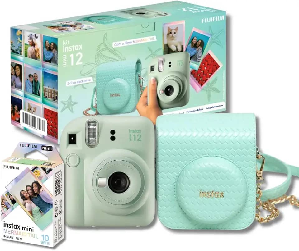 Kit Câmera Instax Mini 12 com pack 10 fotos Mermaid Tail e Bolsa Verde