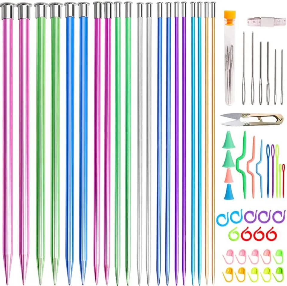 tchrules Conjunto de 64 agulhas de tricô, 20 peças, conjunto de agulhas de tricô de alumínio, coloridas, retas e pontiagudas, tamanho 3-10 mm, 34,8 cm, para tricô feito à mão com acessórios de tricô