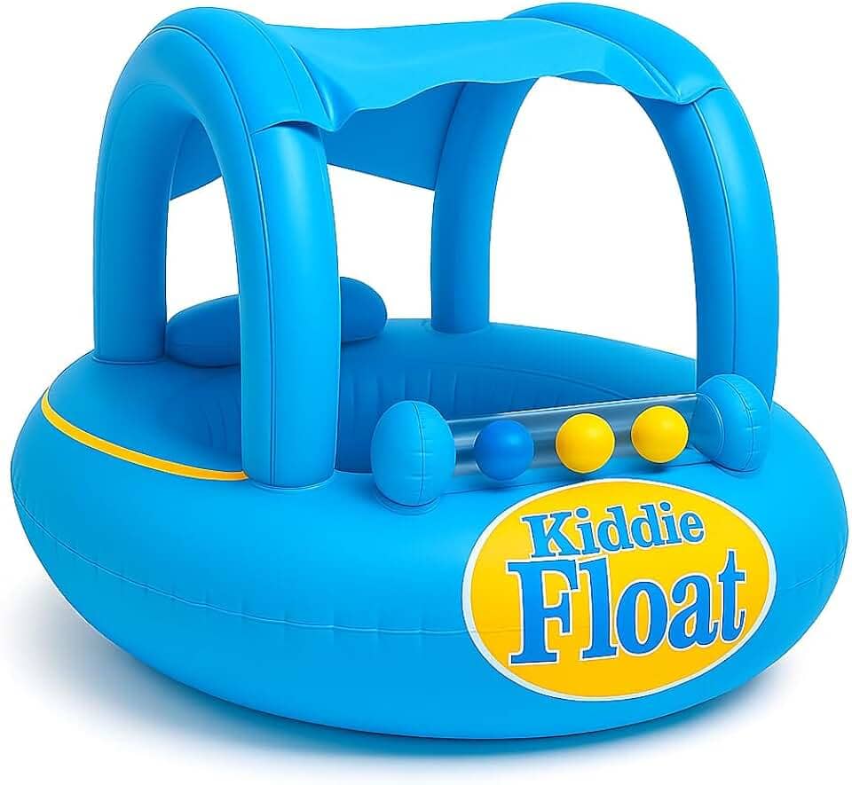 Bóia Inflável com Assento e Toldo para Bebês 6 a 24 Meses – Bote Infantil em PVC Reforçado com Proteção Solar e Brinquedos