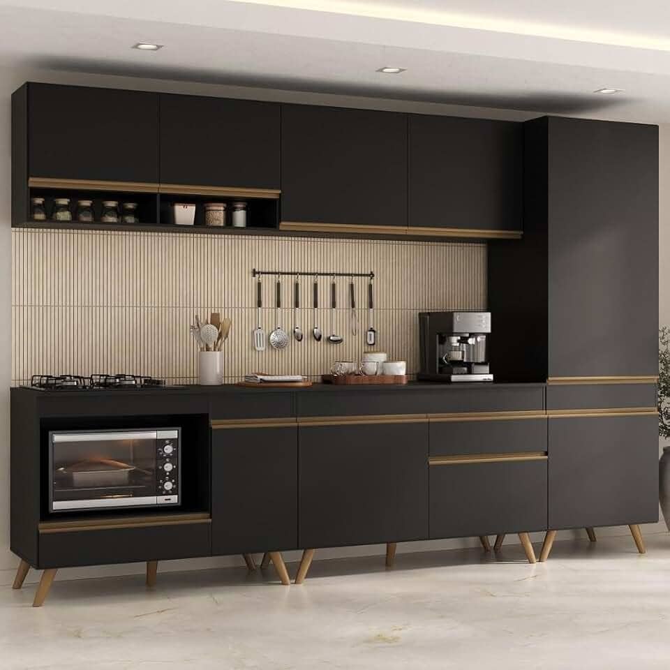 Cozinha Modulada Completa Compacta 5 Pçs com Balcão para Cooktop Veneza Multimóveis Mp2266 Preto/dourado