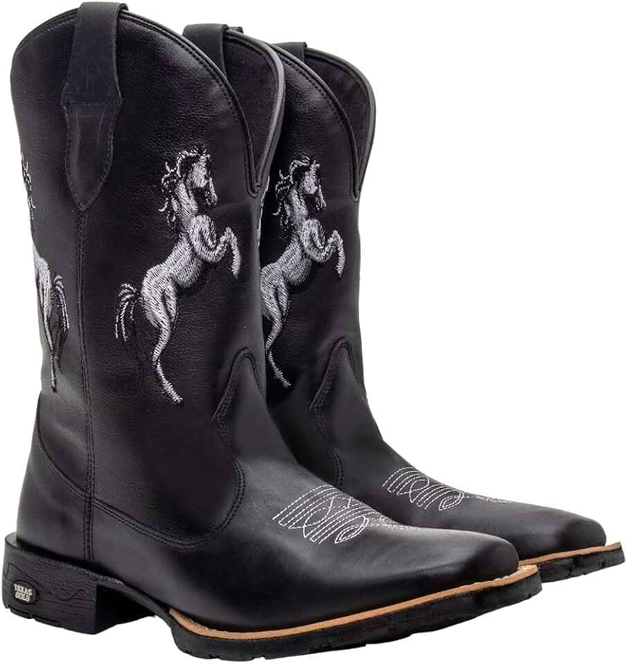 Bota Texana Masculina Couro Country Bico Quadrado Preta Horse