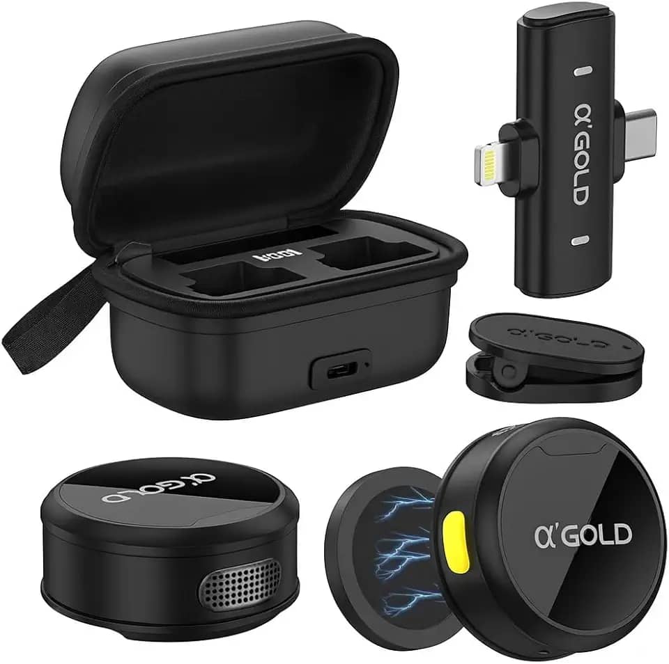 Microfone de Lapela Duplo Sem Fio α’GOLD Premium, Case de Carregamento, 10h Bateria, Cancelamento de Ruído, Áudio Pro, Compatível com iPhone e Android USB-C, Plug & Play para Vídeos e Lives