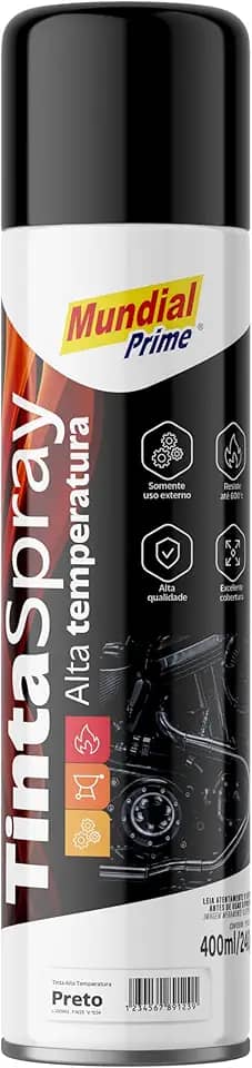 Tinta Spray Alta Temperatura 400ml, MUNDIAL PRIME, Preto Fosco, AE01000100