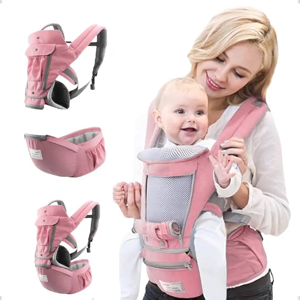 AIEBAO Bolsa Canguru, Ergonômica, 12 Posições, 3 Em 1, 3 Bolsos Externos, Bebês 0 a 36 Meses, Capacidade 0 a 36 quilos, Poliéster Algodão e Isopor. (Rosa)