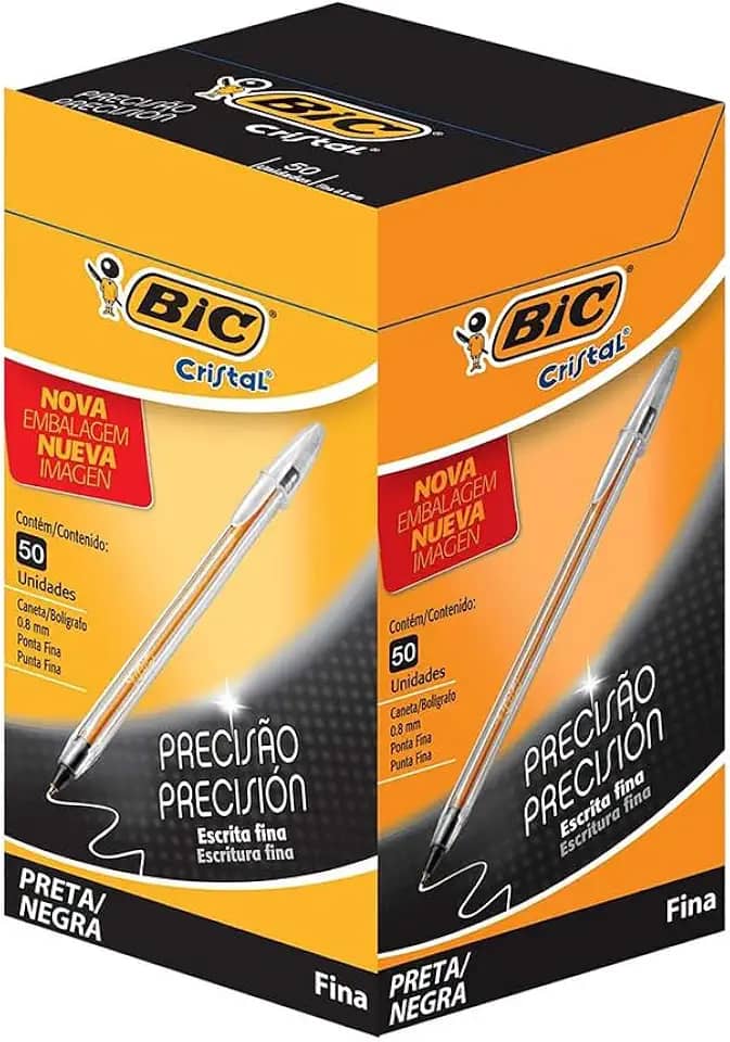 BIC, Caneta Esferográfica Escrita Fina, Cristal Fina, Preta, 50 Unidades