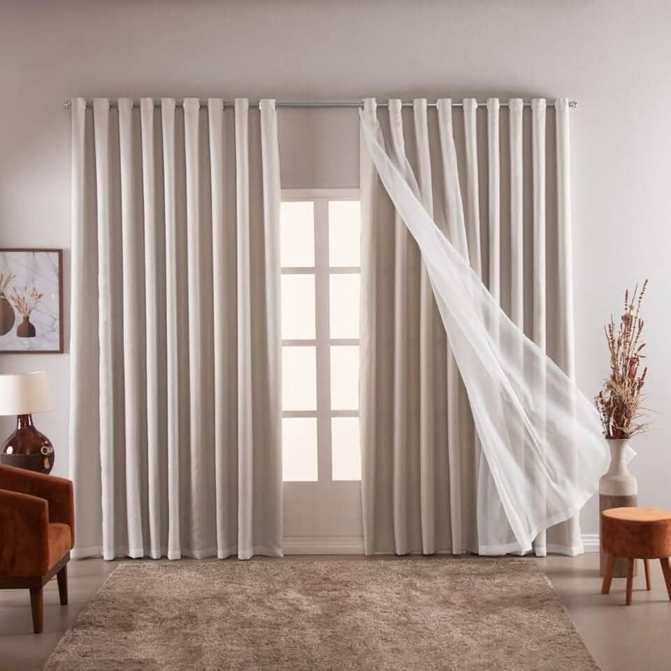 Cortina Blackout Luxo 6,00x2,70 com Voal Tecido Liso Grande Indicada para Varão de 3 até 4 metros (Bege)