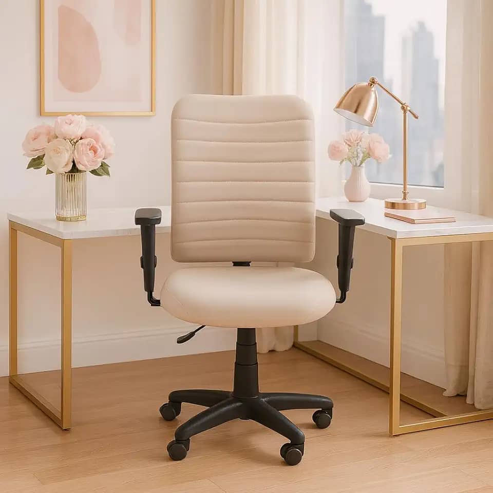 Cadeira Escritório Ergonômica Bege Apoio Lombar NR17 Home Office Executiva Giratória C/Rodízios Confortável Com Encosto Costura Esteirinha