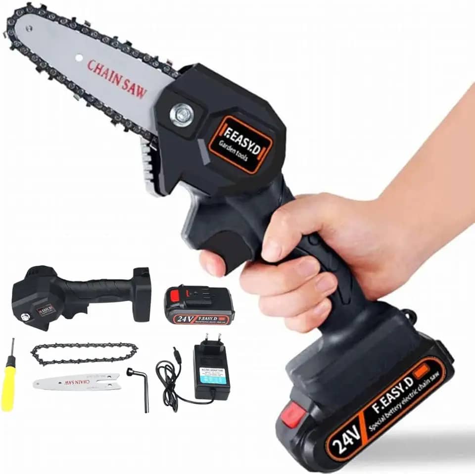 Mini Moto Serra Motosserra a Bateria Elétrica Portátil 600w 24v Carregador Bivolt Recarregável para Galhos Bambu e Madeira Sabre de 10cm 2000mah -CLICK FACIL - Serra Portátil