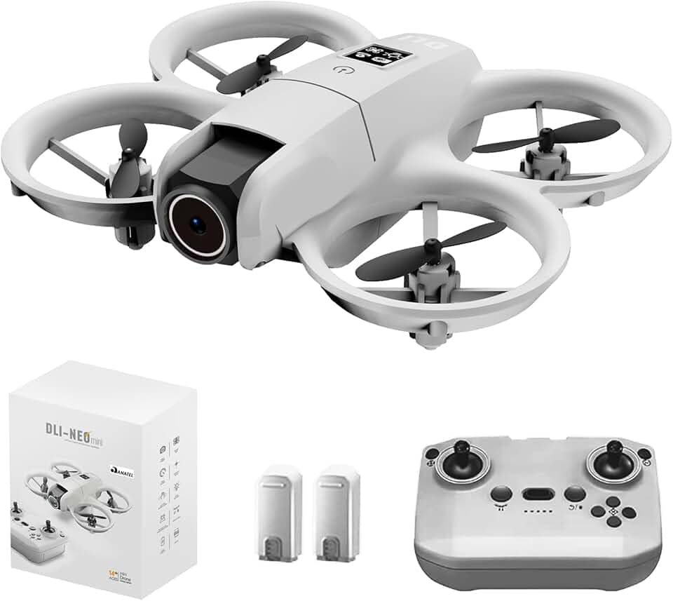 Drone DLI Neo com Câmera 4K para Crianças, Drone Mini a Controle Remoto com Função de Manutenção de Altitude e Modo Sem Cabeça, Auto-Rotação, Quadricóptero com Luz Azul, Proteção Completa das Hélices, 2 Baterias, 4 Hélices Substituíveis e Controle Remoto, Fácil de Voar, Brinquedo para Meninos e Meninas