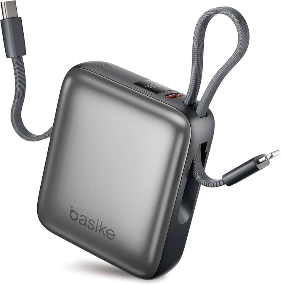 Basike Carregador Portátil 10000mAh, Mini Power Bank com Cabos Integrados, Carregamento Rápido 22.5W(MAX), Pequeno, Led Indicador de Bateria para iPhone/Samsung/Huawei/Xiaomi, etc (Cinza)