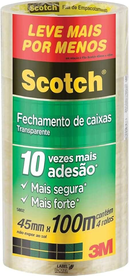 Scotch, 3M, Fita de Empacotamento Transparente, 4 Rolos, 45mm x 100M