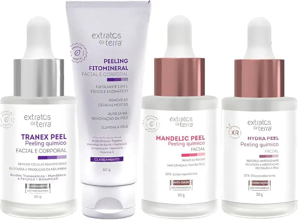 Kit 4 Peelings Renovação E Clareamento - Tranex Pell + Peeling Fitomineral + Mandelic Peel + Hydra Peel Extratos Da Terra