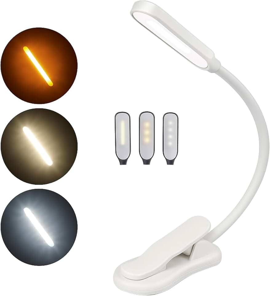 Luz de Leitura LED para Livro com Clip – USB Recarregável, 3 Níveis de Brilho e 3 Cores de Luz, Braço Flexível Portátil – Luminária de Livro Ideal para Leitura Noturna, Estudo e Viagem (Branco)