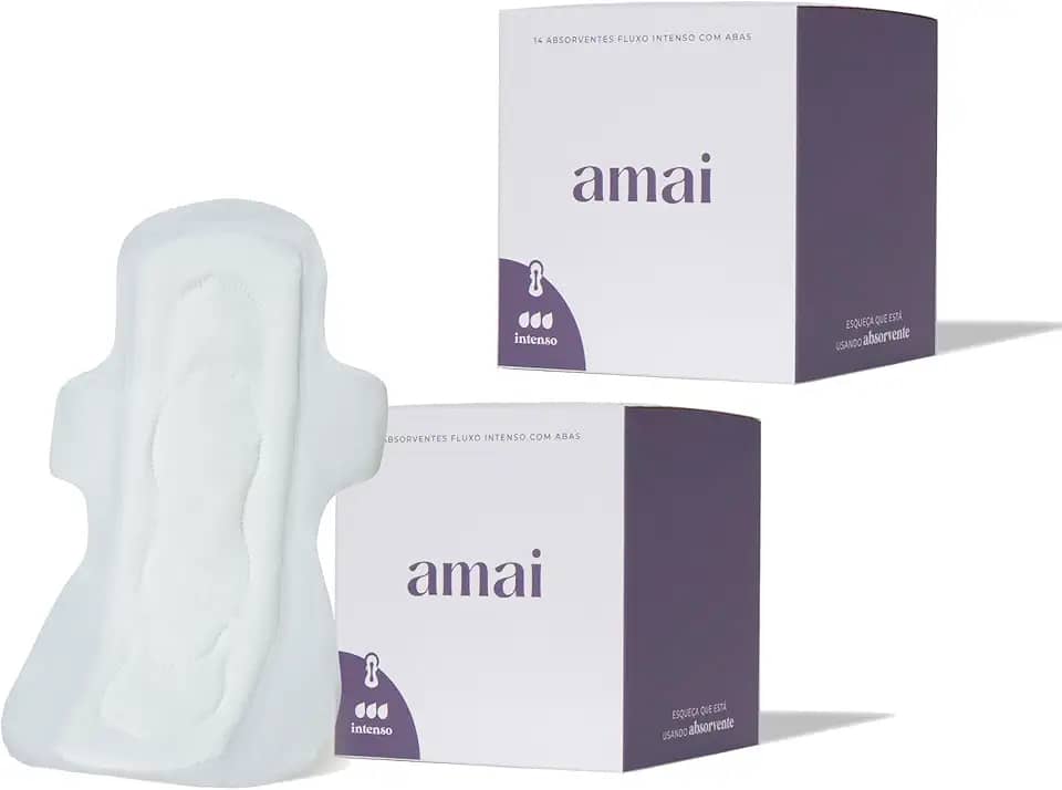 Absorvente Noturno Amai, Fluxo Intenso, Algodão Sem Químicos, Ultra Confortável, Hipoalergênico, Com Abas, Zero Plástico Comum - 28 unidades