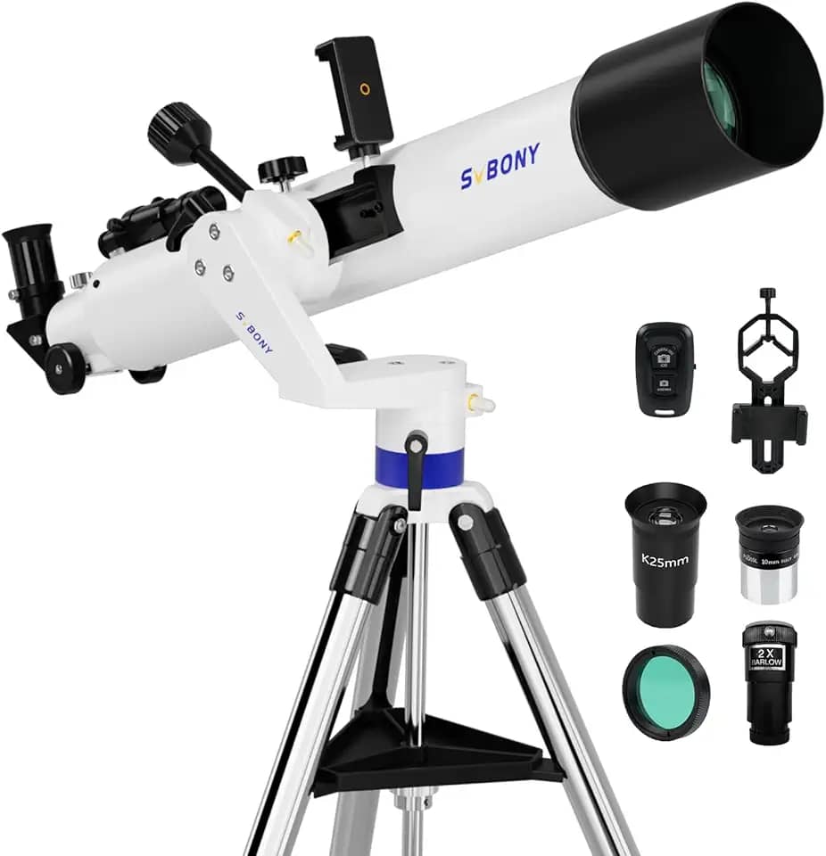 SVBONY Telescópio SV520 para adultos de alta potência, abertura de 90 mm, comprimento focal de 800 mm, telescópio refrator com suporte AZ, kit de telescópio para iniciantes com ocular PL10, K25, lente