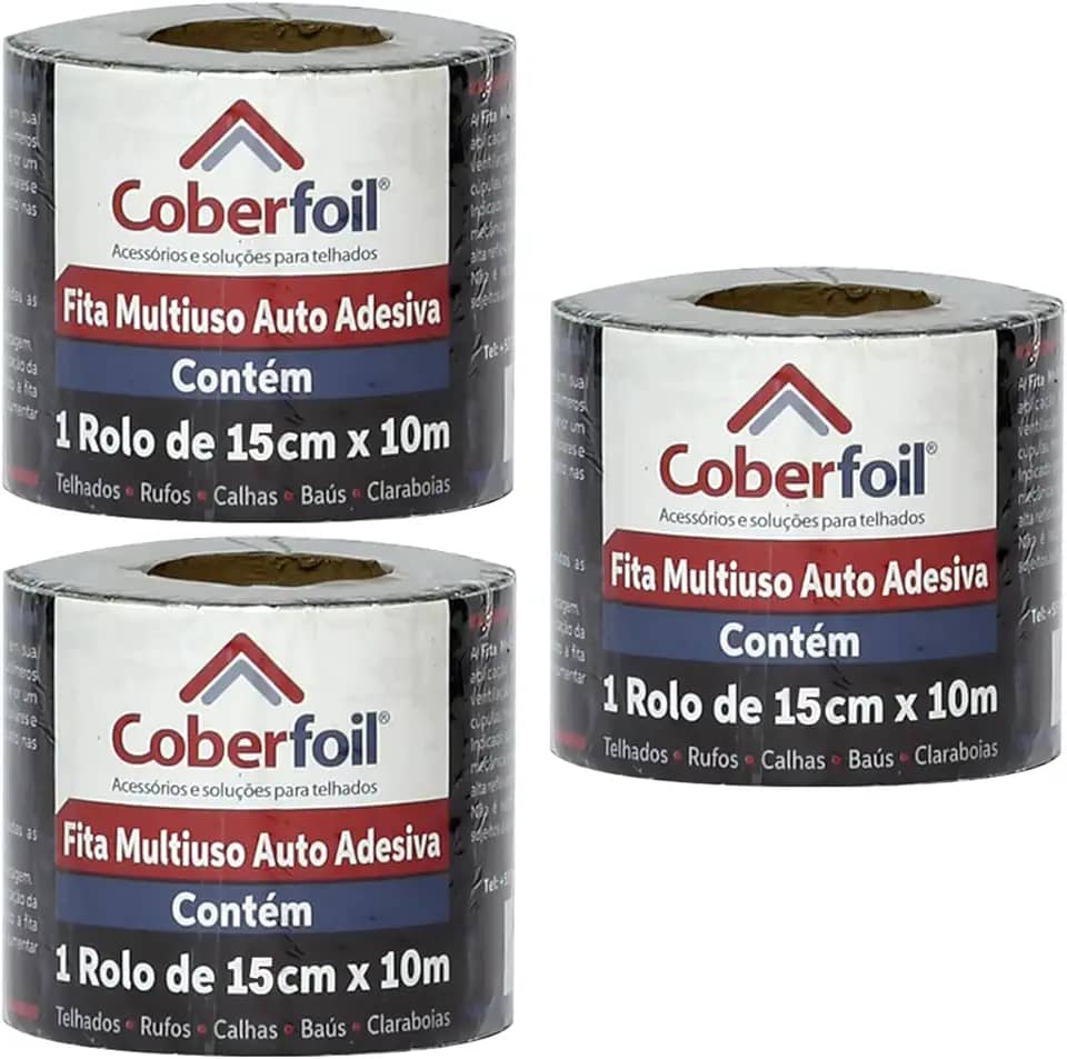Kit 3 Manta Asfáltica Multiuso Metalizada 15cmx10m Auto Colante Vedação para Telhados Calhas Rufos Alta Resistência e Durabilidade Vazamentos Vedação Refletiva Aluminizada Adesiva Fita