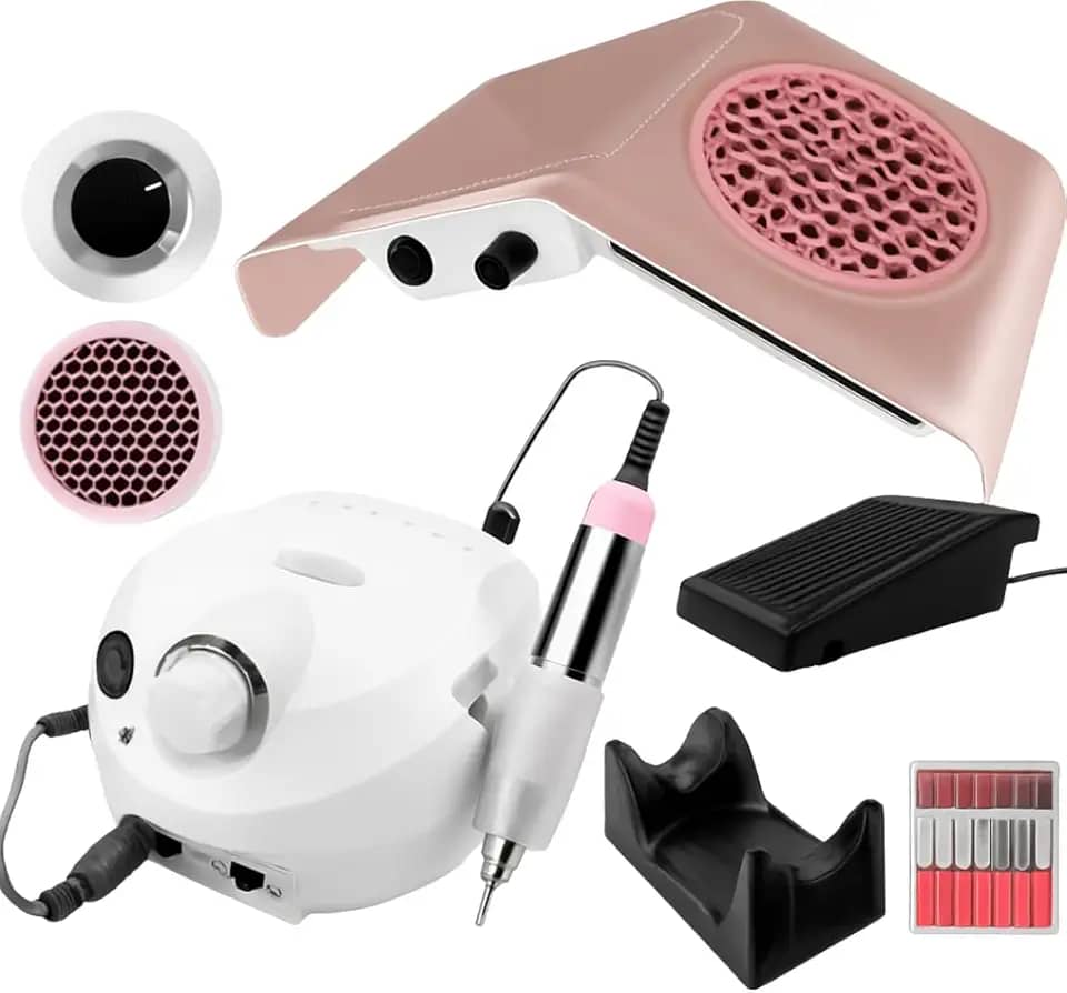 Kit Lixadeira Motor Porquinho com Pedal e Sugador Aspirador de Pó para Unhas Acrigel, Gel e Fibra (Branco)