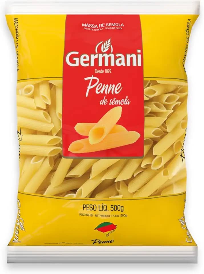 Macarrão Penne Sem Ovos Germani 500G, Germani Alimentos, Massa Penne De Sêmola Sem Ovos Pasta Penne Senza Uova, Amarelo, Melhor Sabor Em Cada Garfada, Receita Caseira Desde 1892