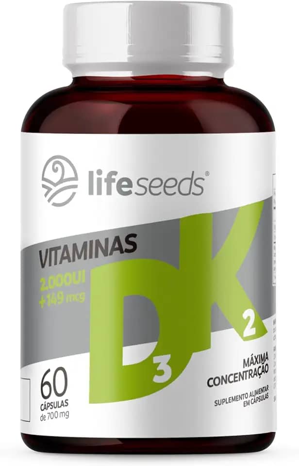 Vitamina D3 + K2 MK-7 2000 UI (50 µg) + 149 µg | 60 cápsulas | Life Seeds | D3 (colecalciferol) + K2 (menaquinona-7) | Sem glúten - 2 Meses