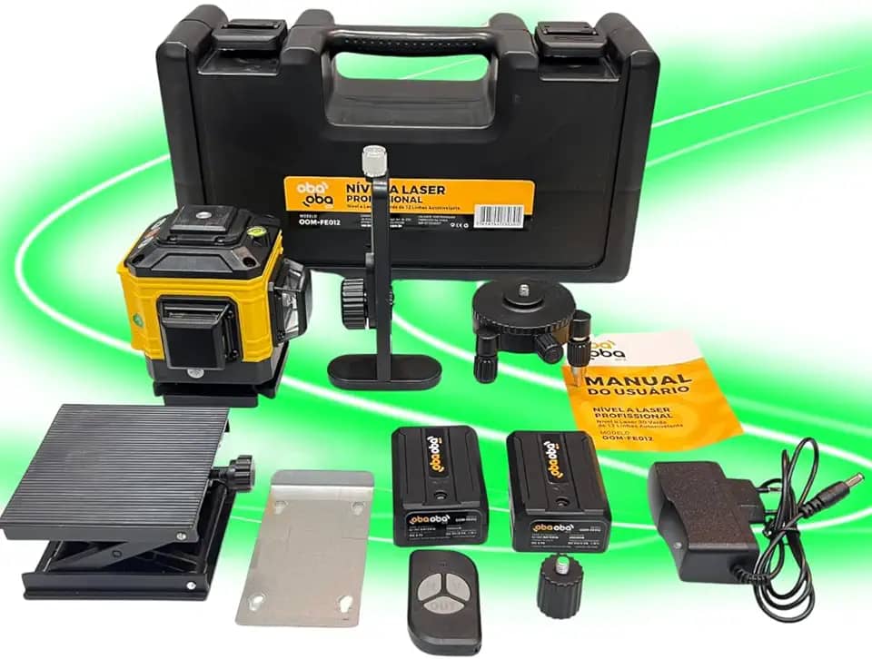 Kit Nível a Laser 3D 12 Linhas Profissional – Luz Verde | Auto Nivelamento | 2 Baterias Recarregáveis | Horizontal e Vertical | Acessórios Inclusos