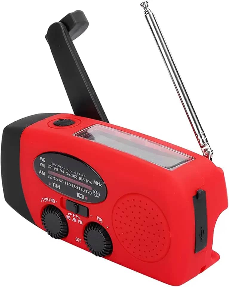 Rádio Portátil Vermelho AM/FM com Carregamento Solar, Manivela e USB
