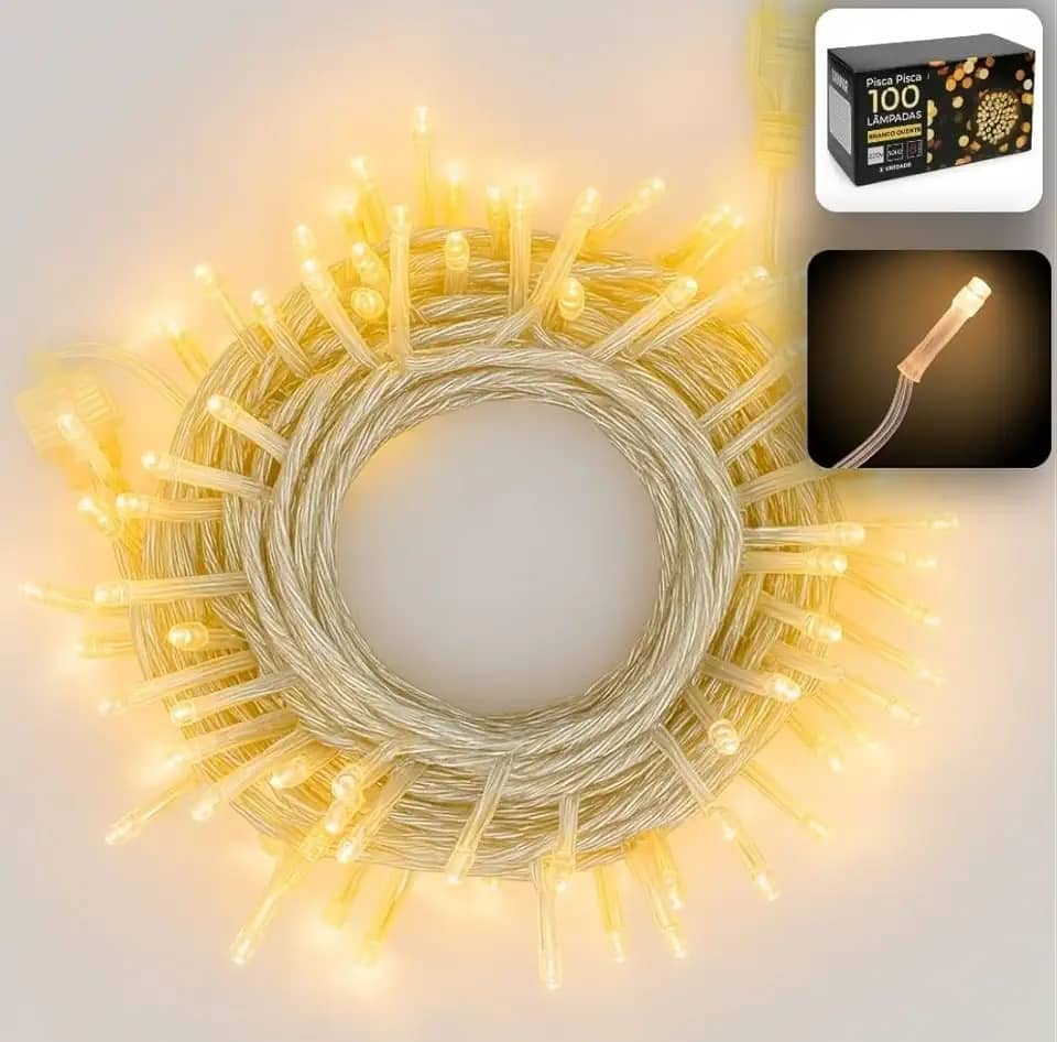 Cordão Pisca 100 LEDs Branco Frio 9 Metros 8 Funções de Piscar – Linha Premium 110V – Luz Decorativa para Natal, Festas, Varandas, Jardins e Casamentos Econômica, Flexível e Durável