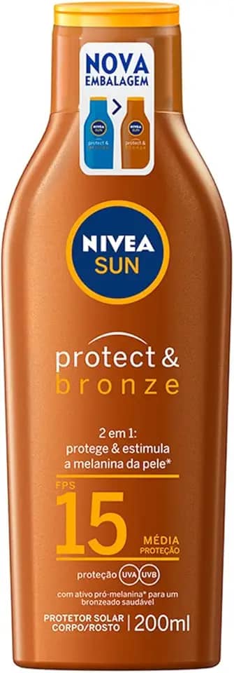 NIVEA SUN Protetor Solar Protect & Bronze FPS15 200ml - Com ativo de pró melanina, resistente à água, protege dos raios UVA/UVB, ajuda a manter a cor bonita e uniforme por mais tempo