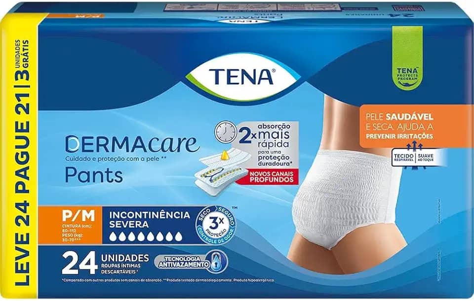 Tena Pants Dermacare, Roupa Íntima para Incontinência Urinária, P/M - Leve 24 Pague 21 unidades