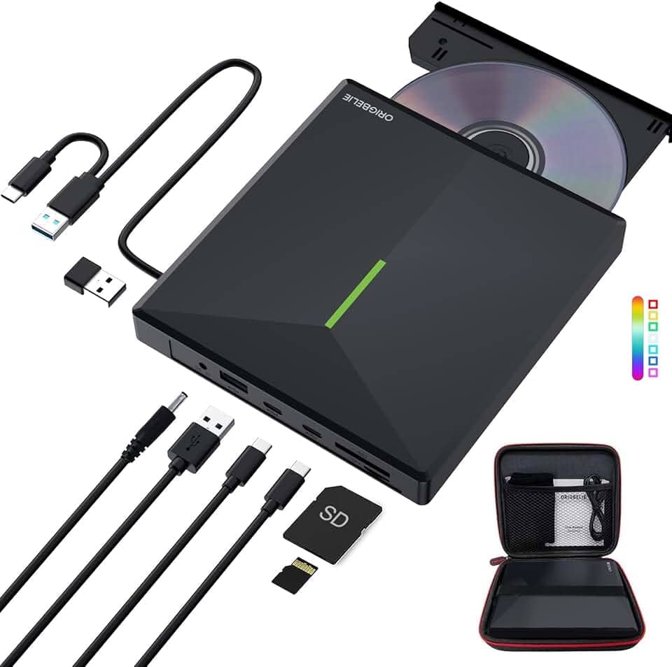 Unidade externa de CD DVD com 4 portas USB e 2 compartimentos para cartão TF/SD, gravador de leitor de CD/DVD USB 3.0 para laptop, PC, Windows 11/10/8/7 Linux OS com estojo de transporte