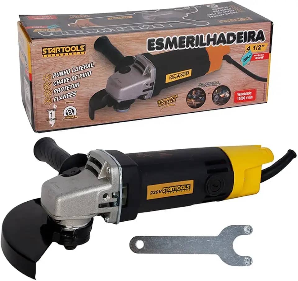 Esmerilhadeira Angular 4 1/2'' 127V 650W – Alta Rotação 11.000 RPM, Com Punho Lateral, Protetor de Disco e Chave de Pino – Ferramenta Elétrica para Corte e Desbaste