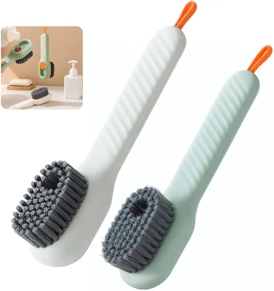 Kit 2 Escovas de Limpeza com Dispenser de Detergente – Lava-Louças Multiuso com Reservatório Recarregável – Ideal para Louça, Pia, Cozinha, Banheiro e Mais – Cerdas Resistentes – Design Ergonômico