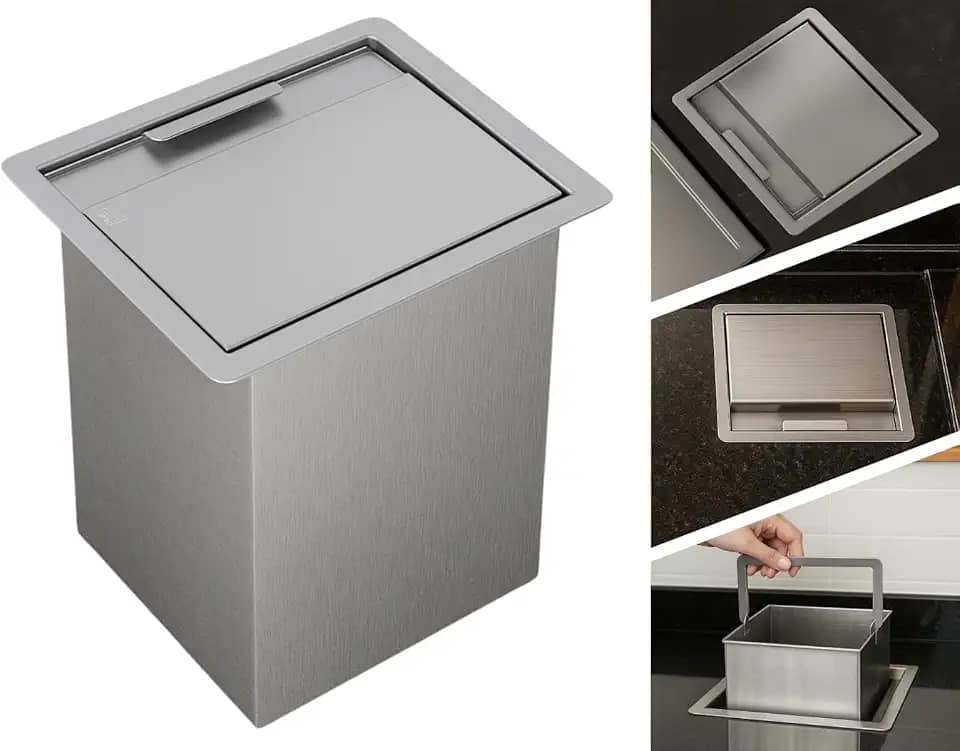 Lixeira de Embutir Quadrada em Aço Inox 304 para Bancada e Pia de Cozinha - 4,5L Antiodor, Compacta, Resistente e Elegante - TLPRO