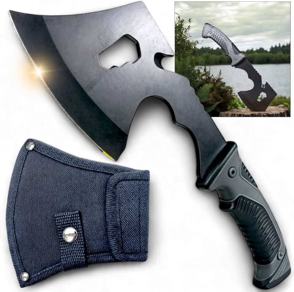 Machado Tático Premium Com Cabo Emborrachado, Lâmina Afiada, Resistente e Compacto, Ideal para Sobrevivência, Camping, Aventuras ao Ar Livre, Cortes de Madeira, Caça e Uso em Emergências.