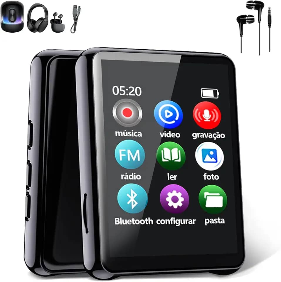MP3 Player Multifuncional Portátil Bluetooth, Tela 4.3cm, Rádio FM, Gravador de Voz, com Fones de Ouvido