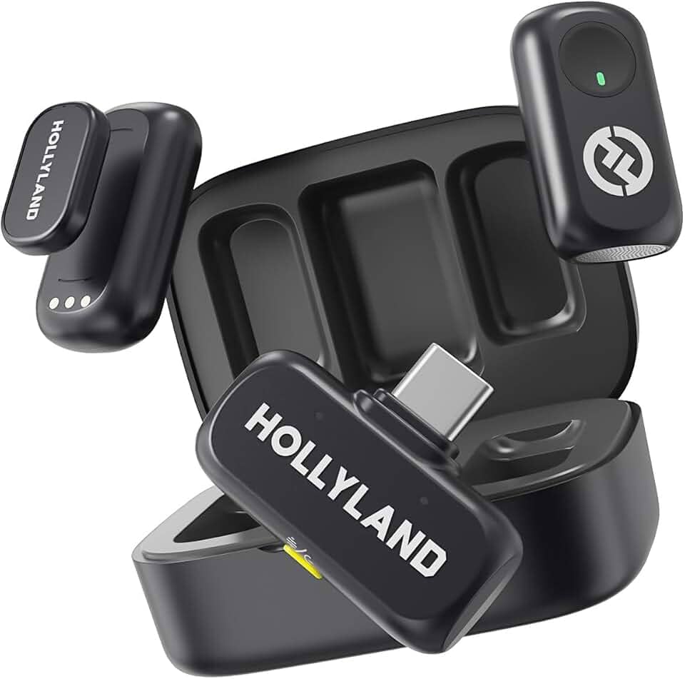Hollyland LARK A1 Duo – Microfone Sem Fio Mini para iPhone 15/16 e Android (2TX + USB-C RX + Case de Carregamento), Microfone Magnético para YouTube, TikTok, Podcast e Entrevistas (Preto)