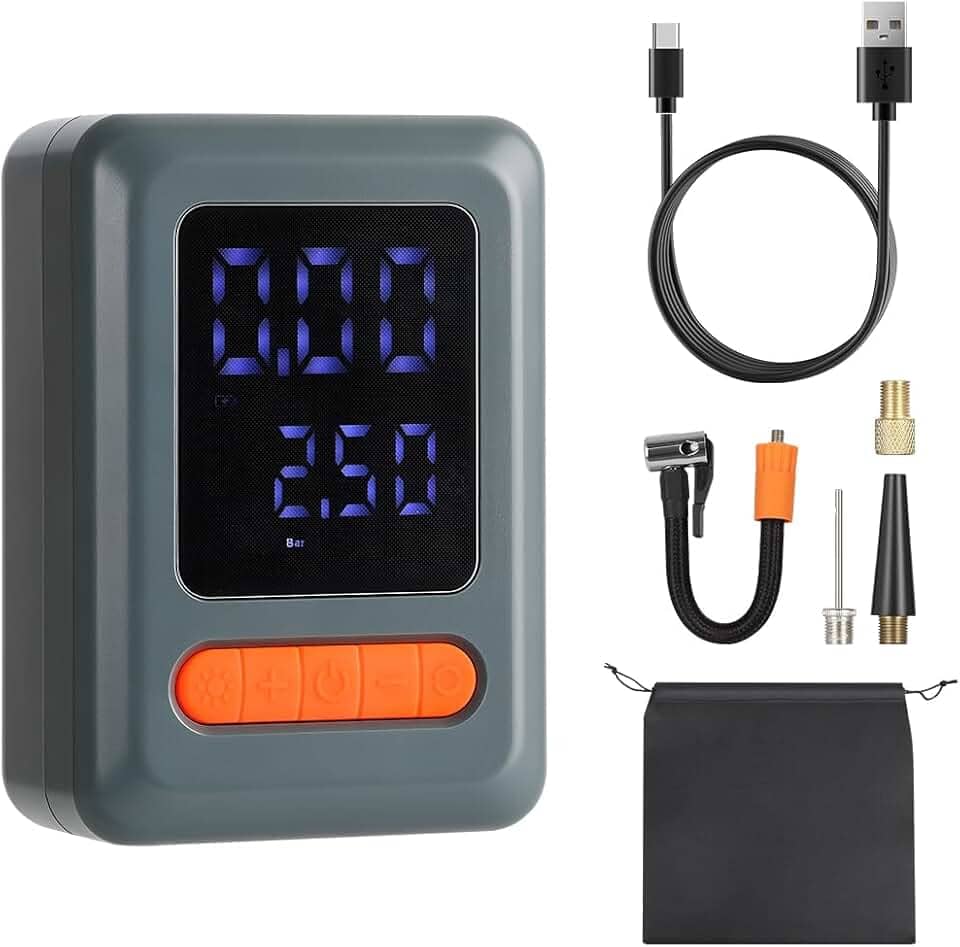 Compressor de Ar 150PSI Automático com Medidor Digital - Rápido (25% Mais) - 120W - Para Carro/Moto/Bola - Power Bank e Lanterna LED