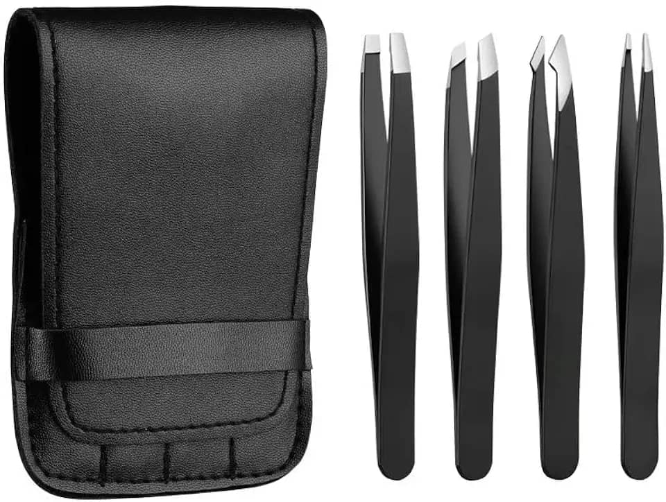 Conjunto de pinças – Pinças profissionais de sobrancelha de aço inoxidável para crescimento interno de pelos e remoção de detritos, com estojo de couro de viagem