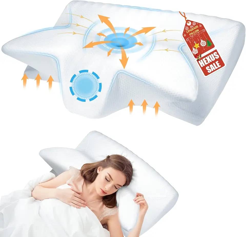 Hexus Travesseiro de pescoço cervical para alívio da dor, travesseiros ergonômicos de espuma de memória, travesseiros ortopédicos de suporte de pescoço com fronha refrescante para dormir, nas costas e
