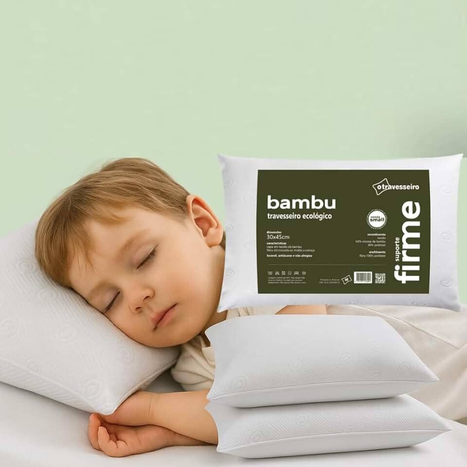 Travesseiro Infantil Antialérgico e Antiácaros Firme Fibra de Bambu 30x45cm Fibra de Poliéster Siliconada, Branco Lavavel á Maquina Crianças de 2 á 8 anos