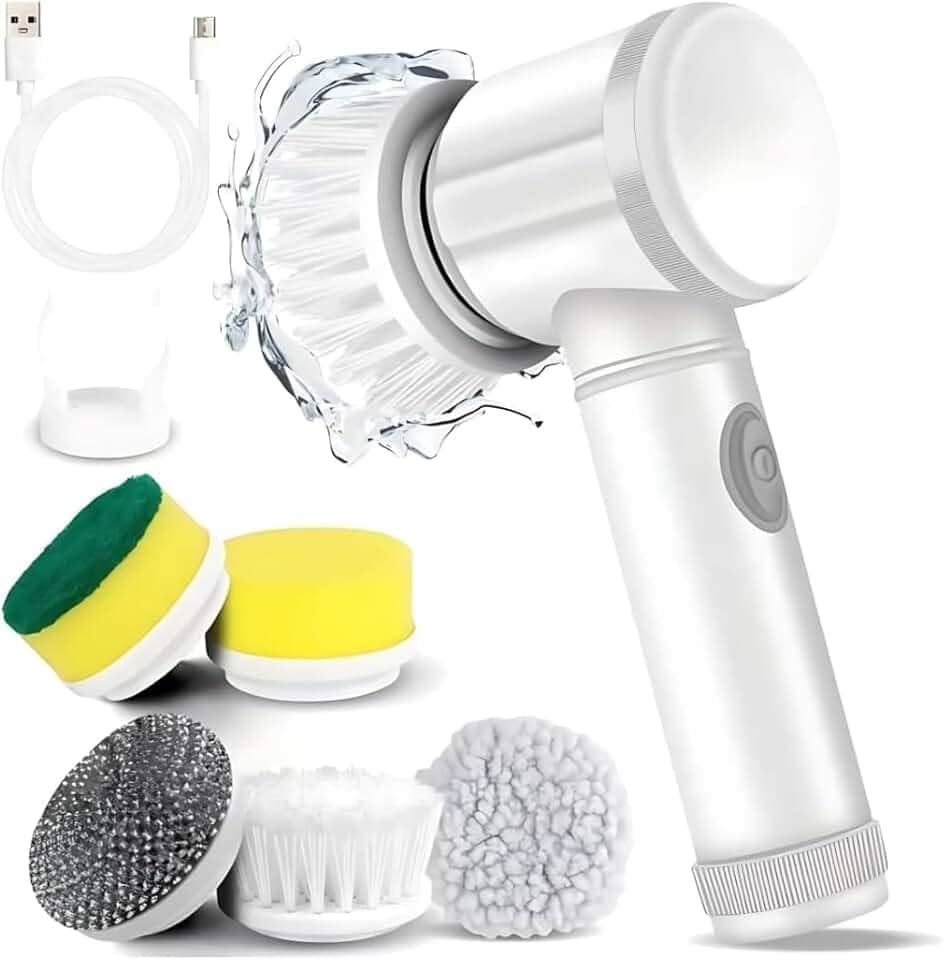 Escova Giratória Elétrica 5 em 1 – Esfregão Giratório para Limpeza com 5 Cabeças Substituíveis, Escova de Limpeza Elétrica Portátil para Banheiro, Cozinha, Piso, Azulejo, Fogão e Vidro
