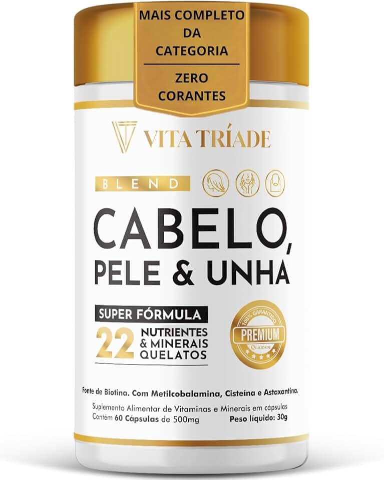 Vitamina para Cabelo Pele e Unha - Super fórmula Sem Corante - 22 Nutrientes: Biotina, Cisteína, Vitamina b12, Astaxantina, Ácido Fólico