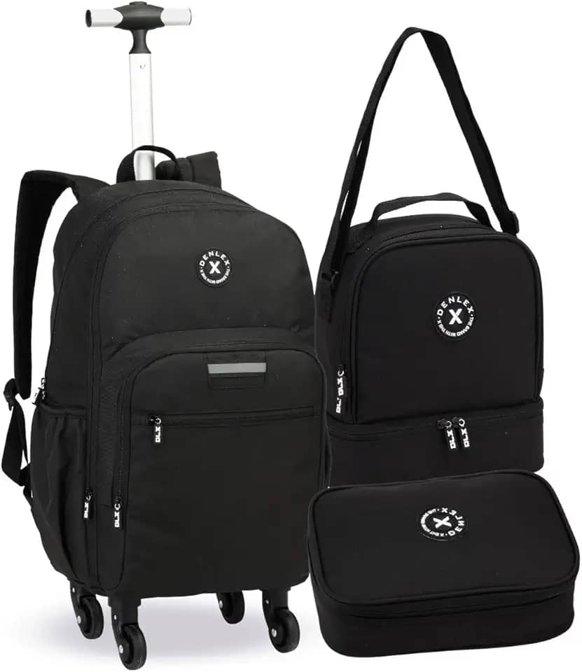 Kit Mochila Masculina Escolar Juvenil com 4 Rodinhas 360, Lancheira Térmica Adolescente e Mega Estojo, 3 Peças, Preto