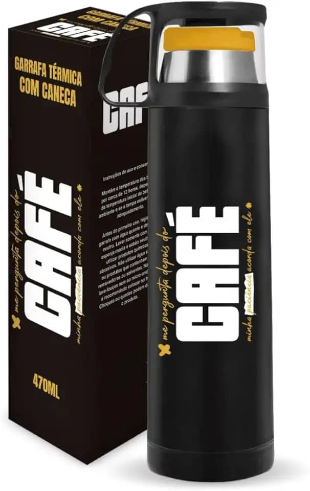 Garrafa Térmica Inox 470ml Com Tampa Caneca 130ml Parede Dupla Mantém a Temperatura Café Chá Bebidas Quentes e Frias Água Viagem Escritório Academia Presente Aniversário Trilha Camping Passeio