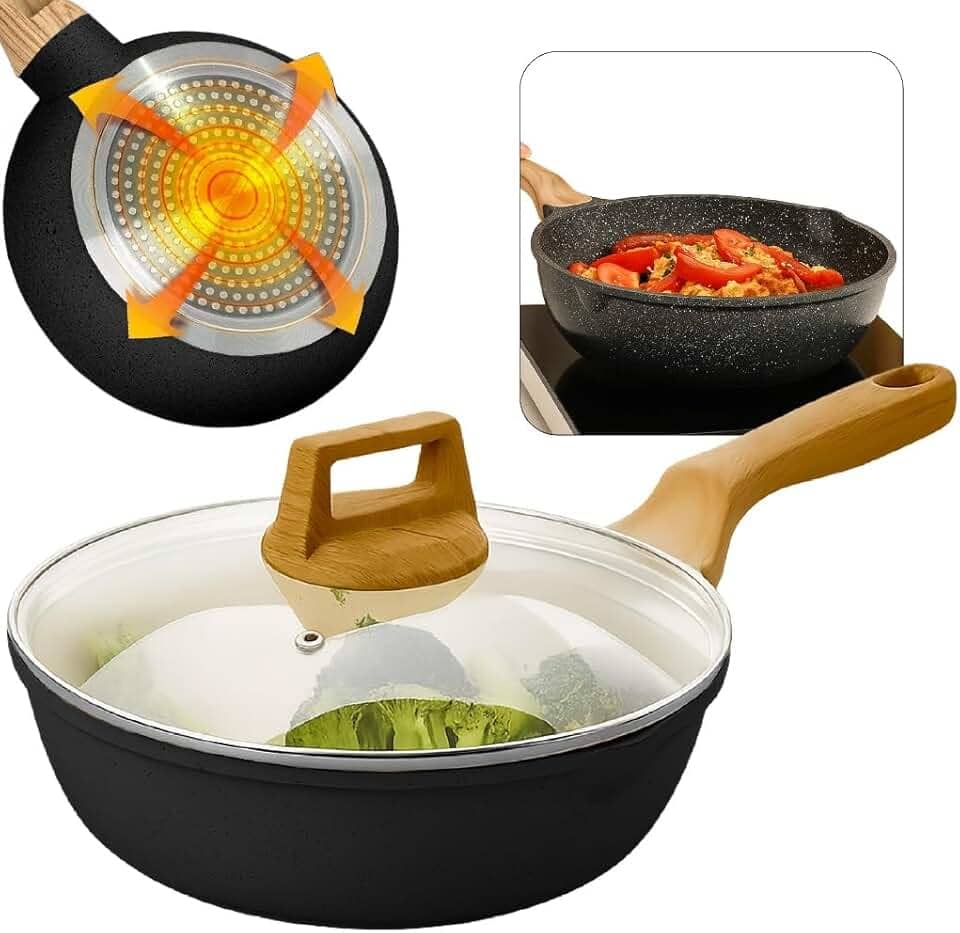 Frigideira Antiaderente em Alumínio Revestida em Cerâmica Com Tampa Vidro Temperado e Cabo Resistente ao Calor Fundo de Aluminio para Fogão a Gás, Elétrico ou Indução (28cmfunda)