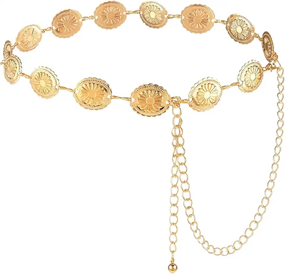 Cinto Feminino Western Boho Chic Ajustável – Corrente de Metal com Margaridas, Elegância para Vestidos e Looks Festival