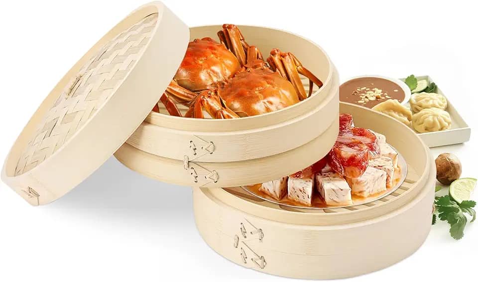 Panela de Bambu Vaporeira, Vaporizador de Alimentos Dim Sum com tampa, 25 * 7,5 cm, Cesta de Cozimento a Vapor, Bambu, para Peixe Guioza Legumes, Kitchen Vaporizador de Alimentos