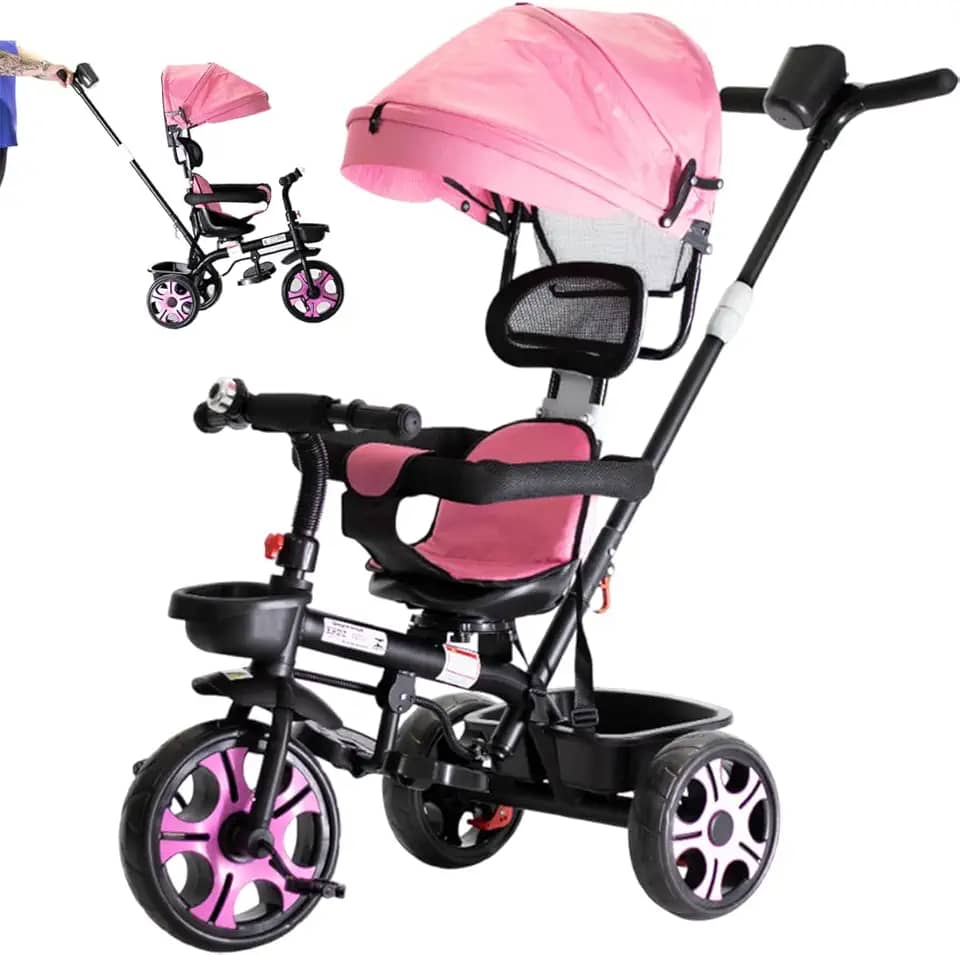 Triciclo Infantil Bebê Baby Style 2 em 1 Zupa com Assento Giratório 360°, Capota Removível e Haste de Empurrar – Certificado INMETRO (Rosa)